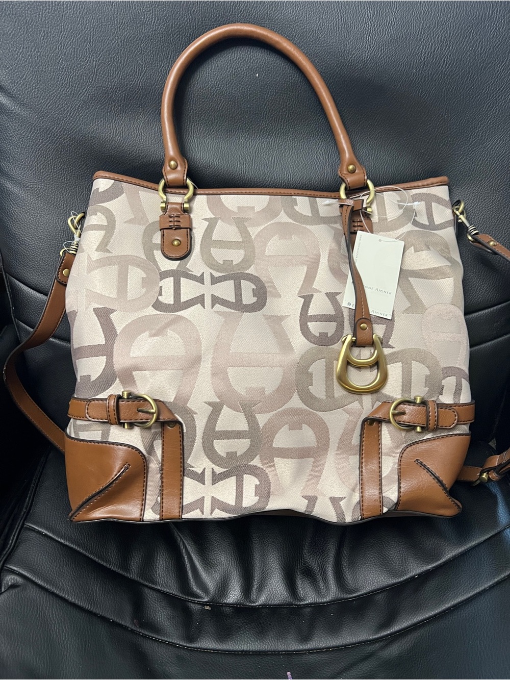 Etienne Aigner Beige and Brown Logo Tote with Brass Accents